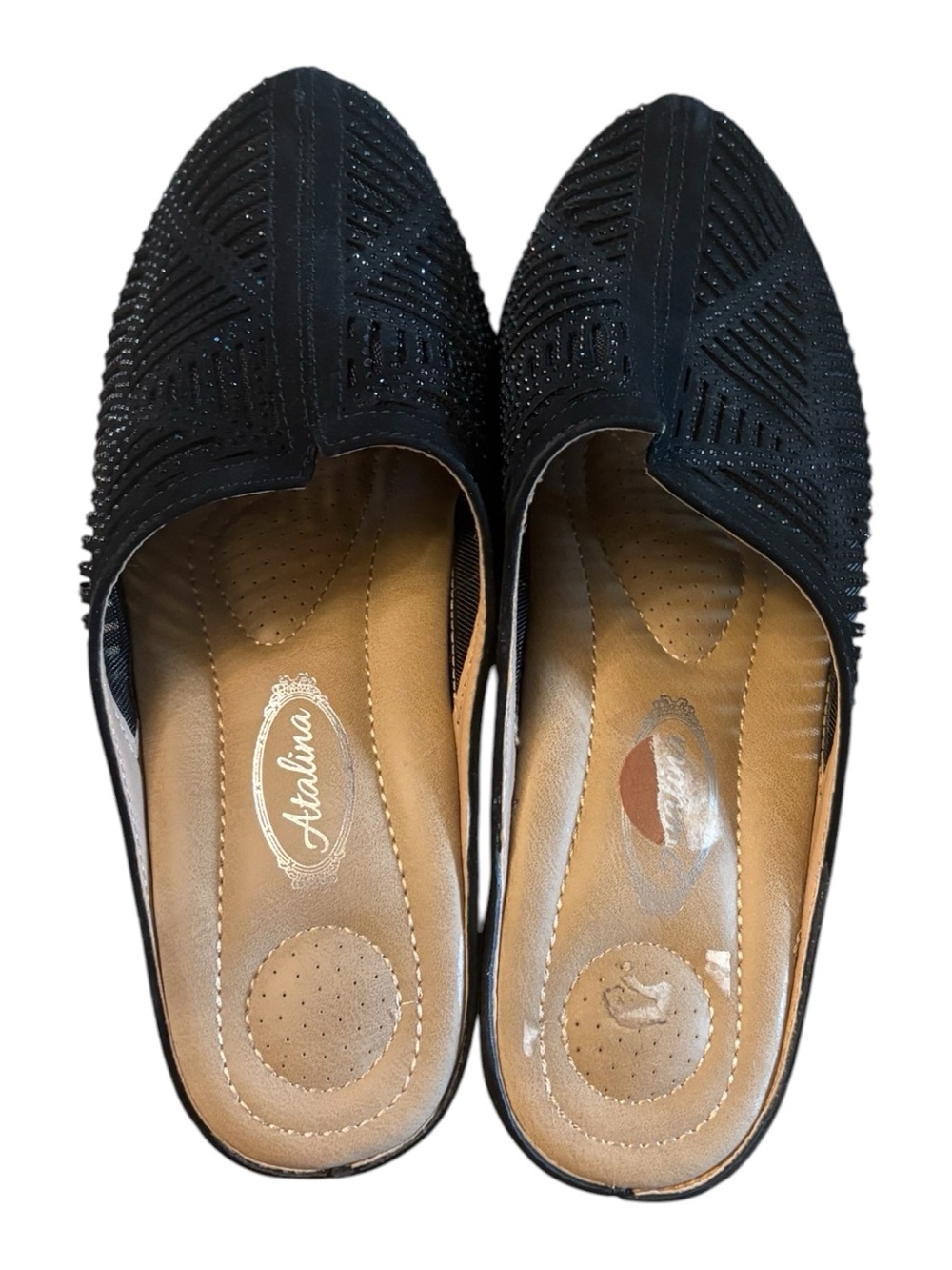 Atalina Size 7.5 Black Embellished Slip-On Mules.